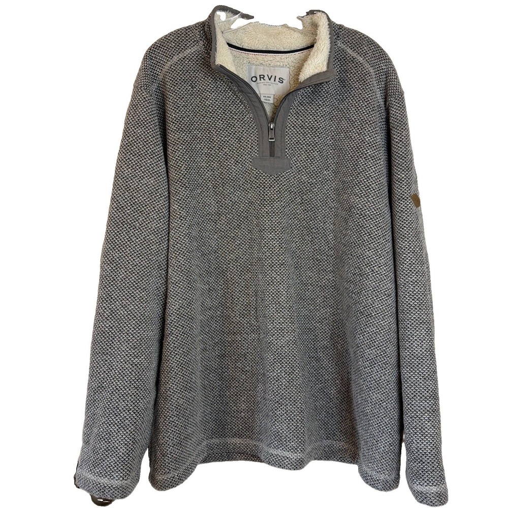 Orvis Men Fleece Lined Quarter Zip Pullover XXL Grey Hiking Outdoor Sherpa Cabin